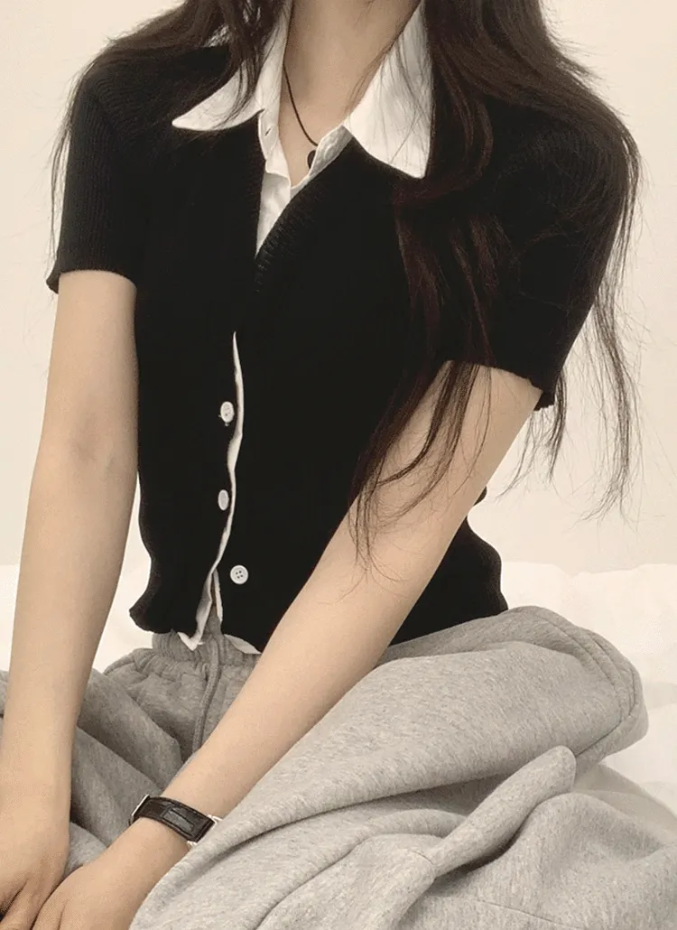 リブカラーレイヤード風無地カーディガン | withhuilin | 詳細画像1