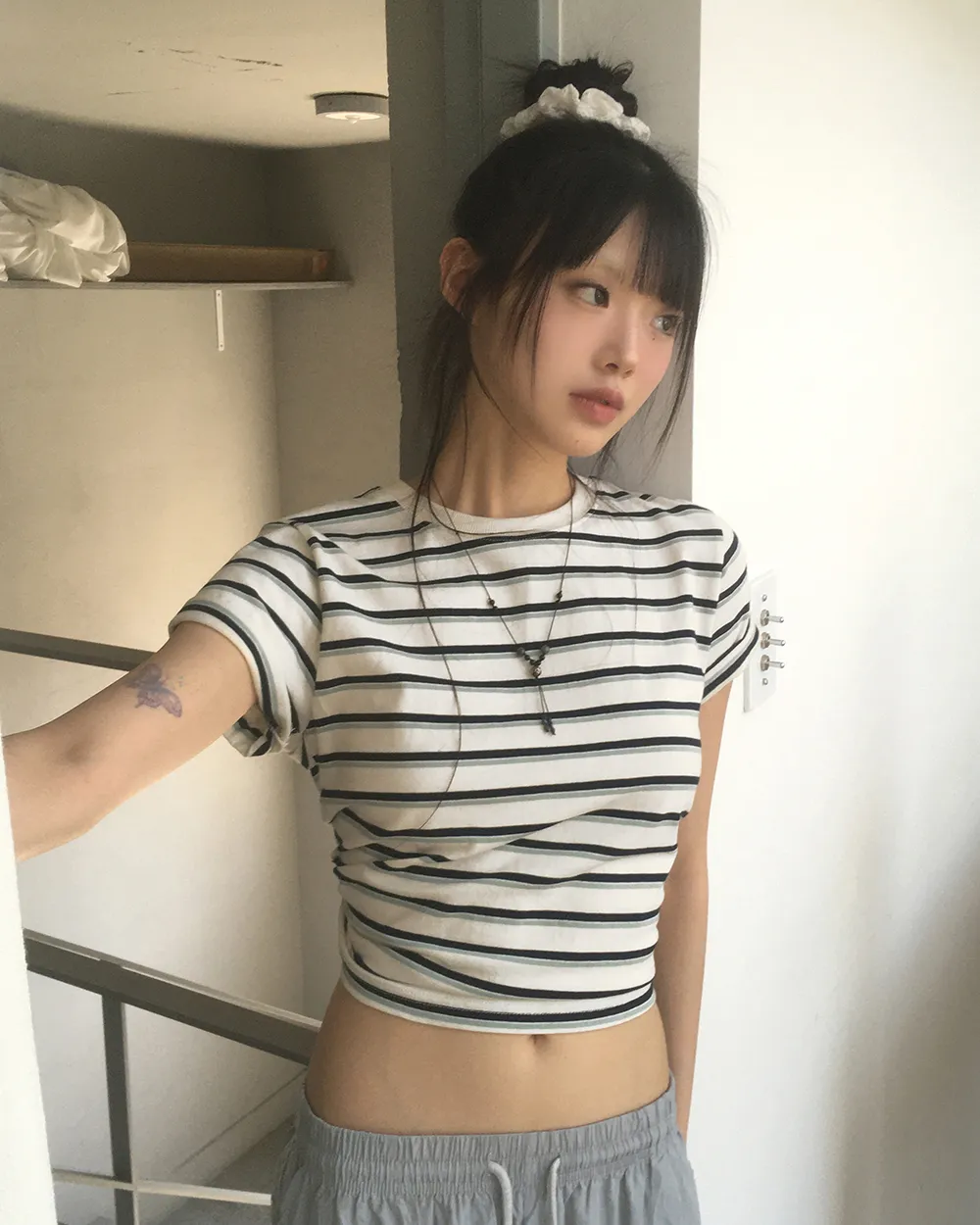 半袖ラウンドネッククロップドルーズボーダーTシャツ | WONDERWONDER | 詳細画像1