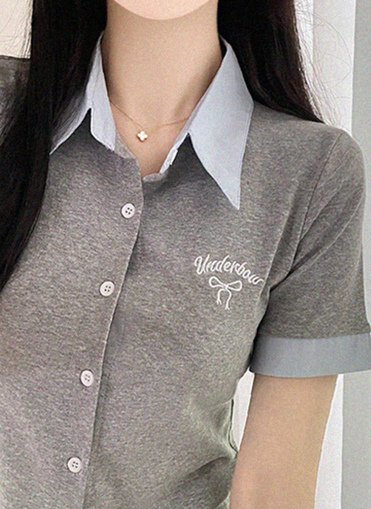 HYEON ホワイト 長袖トップス 襟付き FREEサイズ