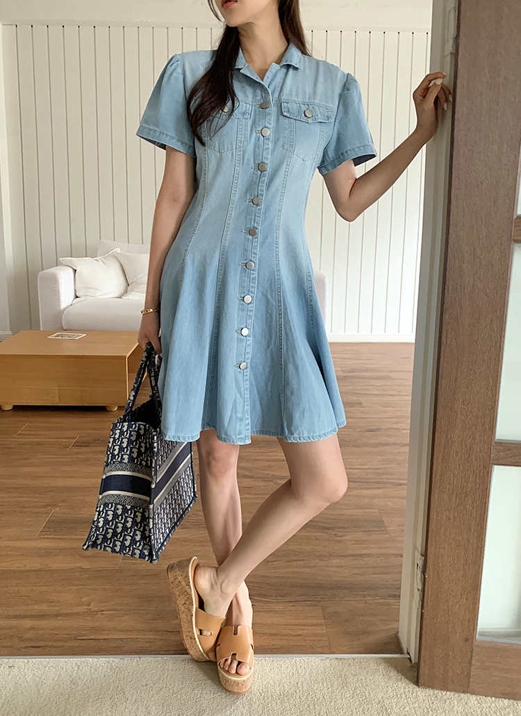 デニムカラーボタンフレアパフスリーブミニワンピース