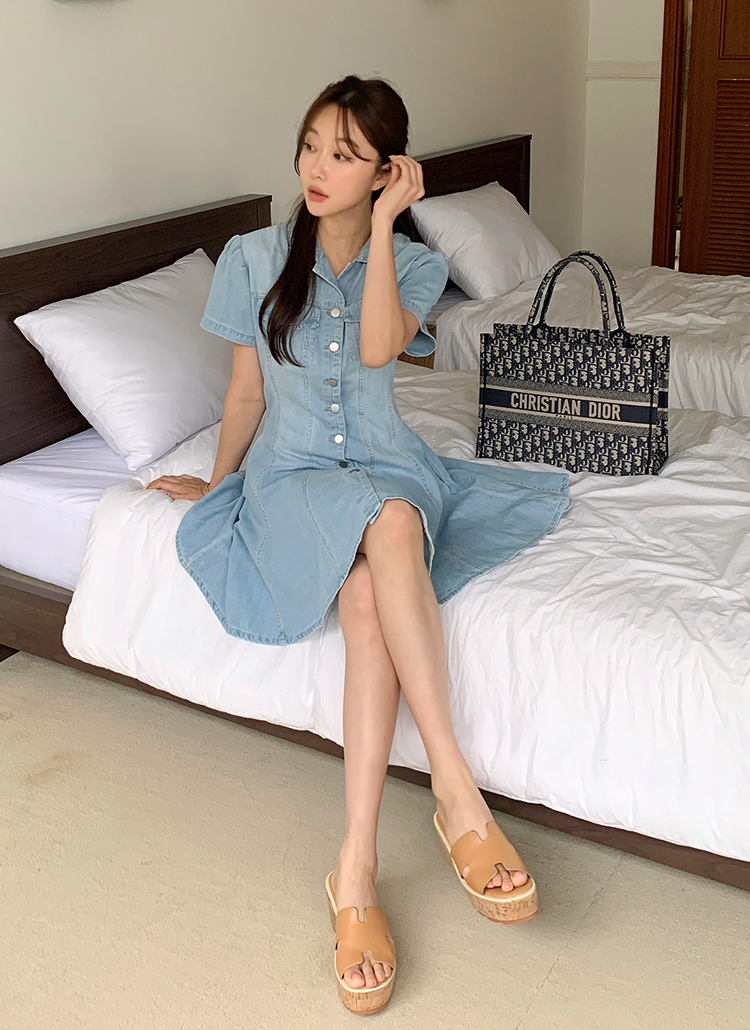 デニムカラーボタンフレアパフスリーブミニワンピース