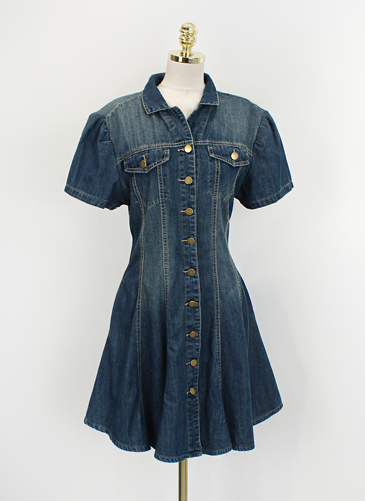デニムカラーボタンフレアパフスリーブミニワンピース