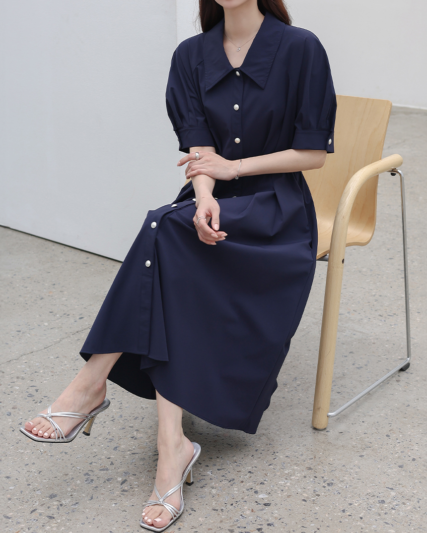 パフスリーブ ワンピース 半袖 スリット ゆったり お洒落 L1729 ロングパフスリーブ半袖ウエストゴムシャツワンピース