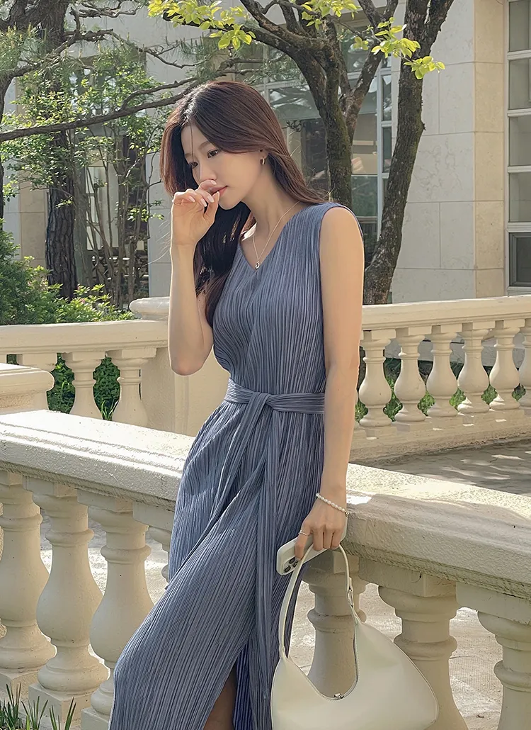 ベルト付プリーツVネックロングスリットワンピース | ODE | 詳細画像1