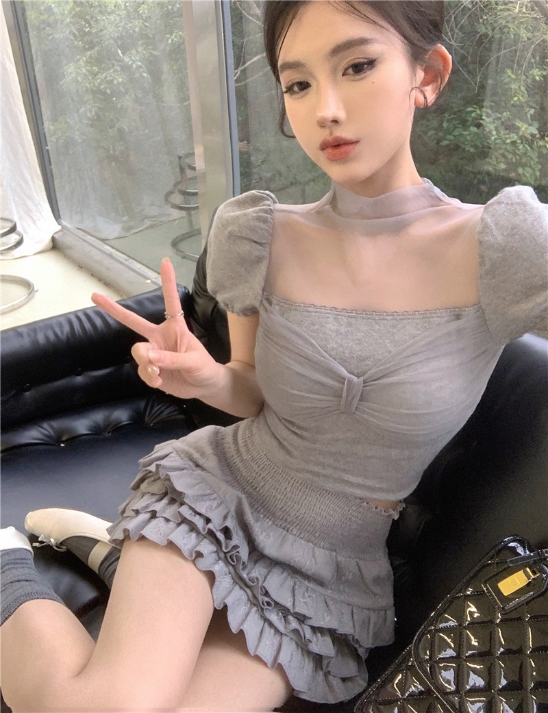 シースルーハーフネックパフスリーブ半袖スカートセットアップ | 詳細画像8