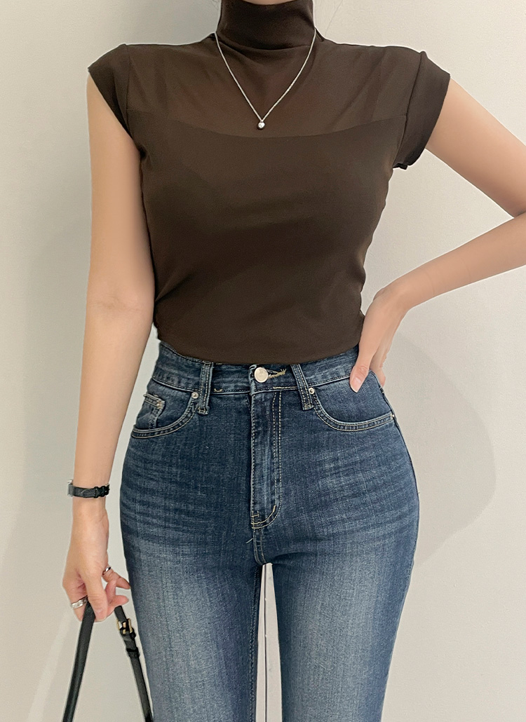シースルーハーフネックフレンチスリーブ半袖Tシャツ | レディース