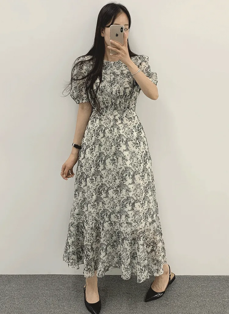 ロング半袖フリル花柄ツーピース | withhuilin | 詳細画像1