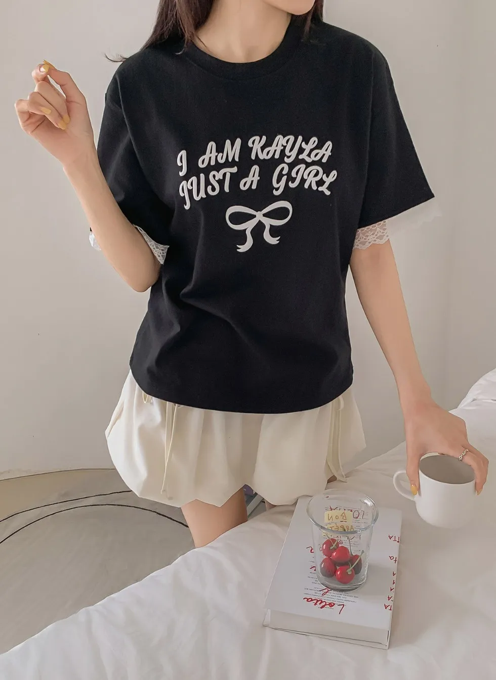 ラウンドネックレイヤード風半袖レースTシャツ | 詳細画像1