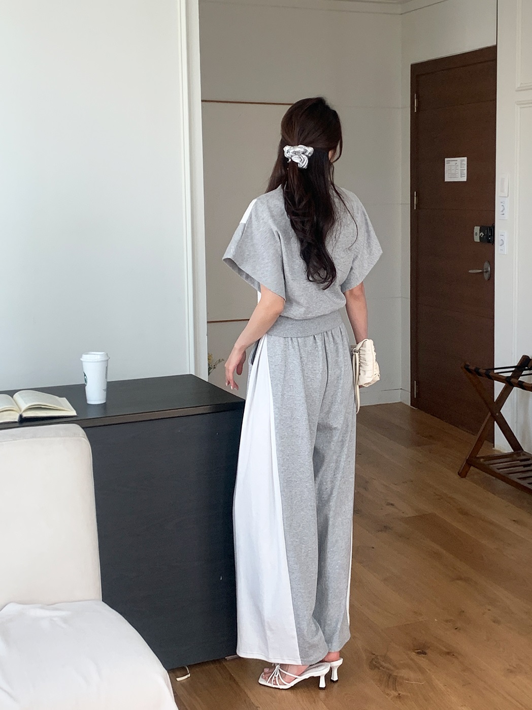 ウエストゴムロング半袖配色セットアップパンツTシャツ | 詳細画像9