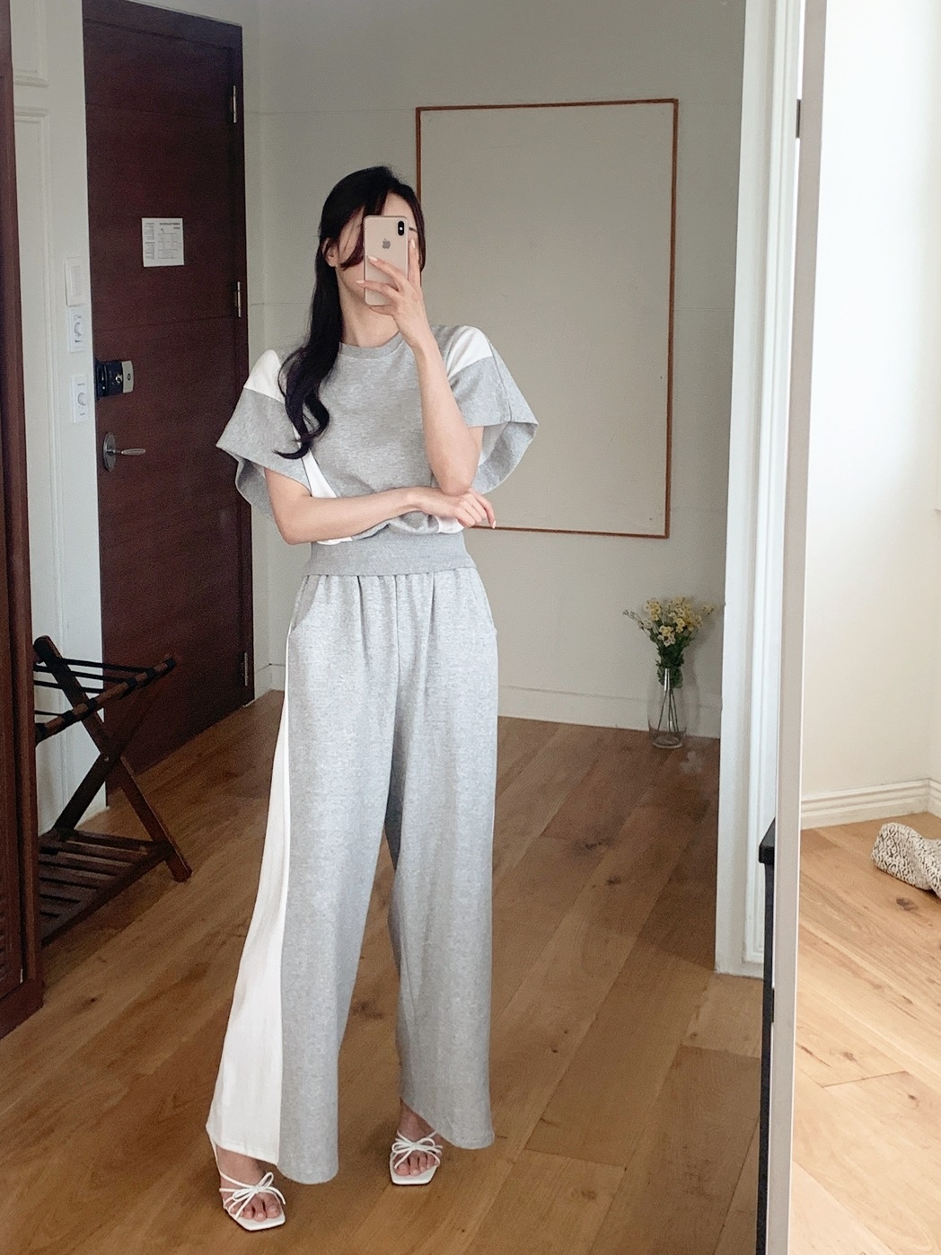 ウエストゴムロング半袖配色セットアップパンツTシャツ | 詳細画像6