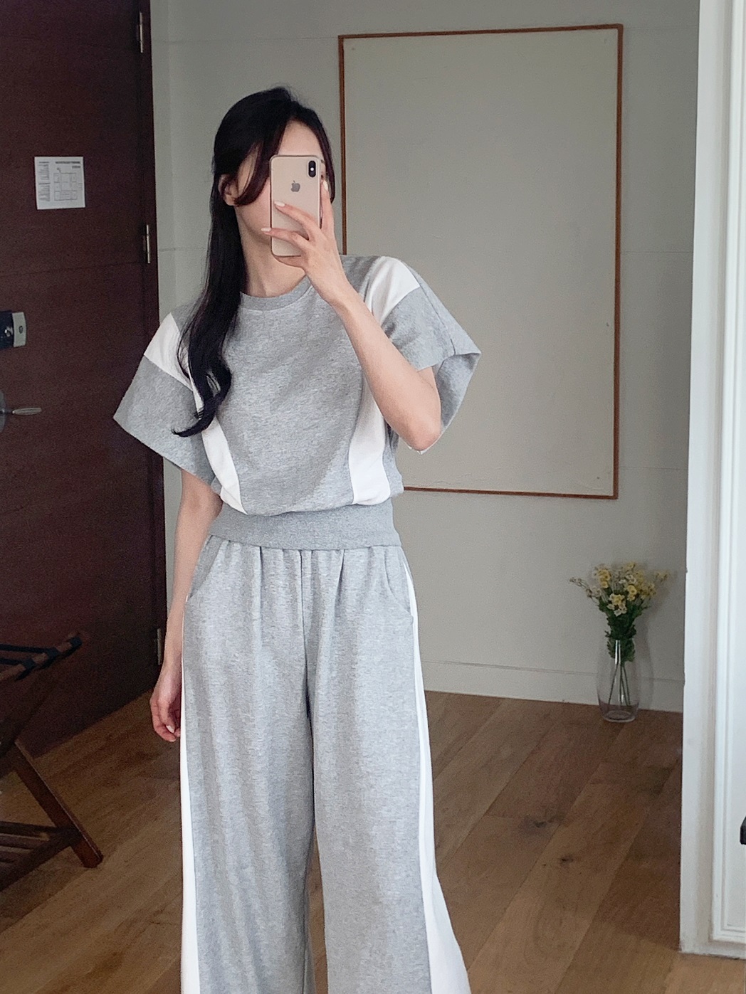 ウエストゴムロング半袖配色セットアップパンツTシャツ | 詳細画像7