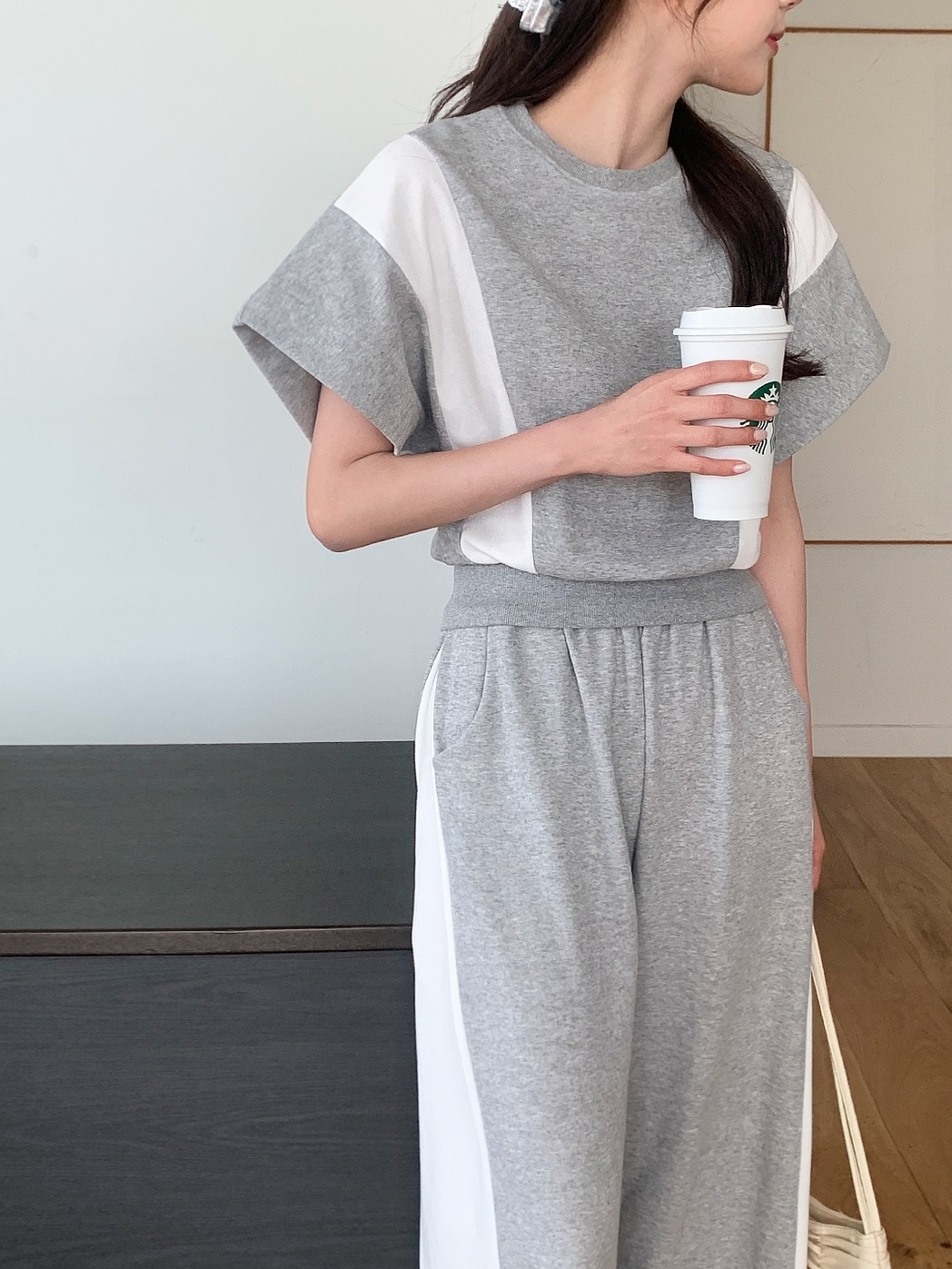 ウエストゴムロング半袖配色セットアップパンツTシャツ | 詳細画像2