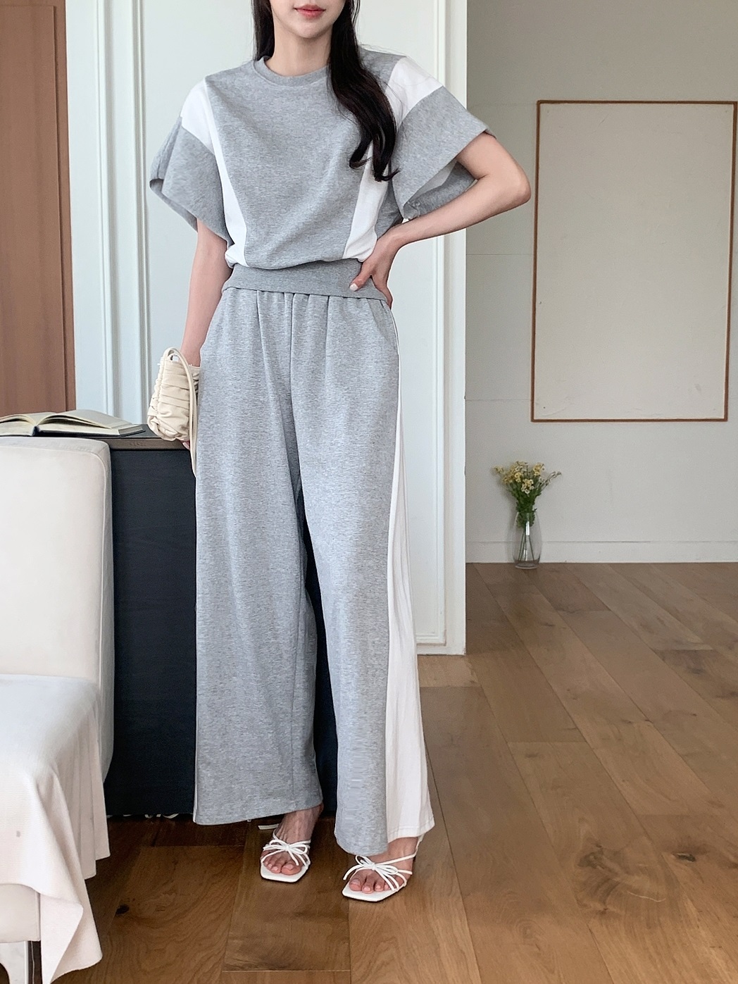 ウエストゴムロング半袖配色セットアップパンツTシャツ | 詳細画像3