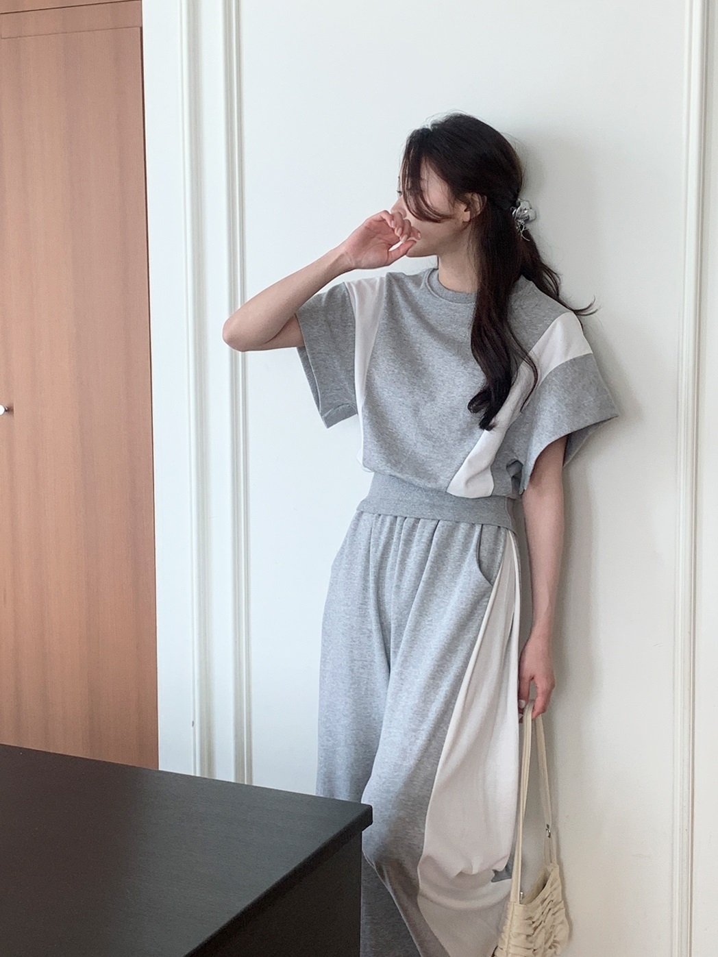 ウエストゴムロング半袖配色セットアップパンツTシャツ | 詳細画像4