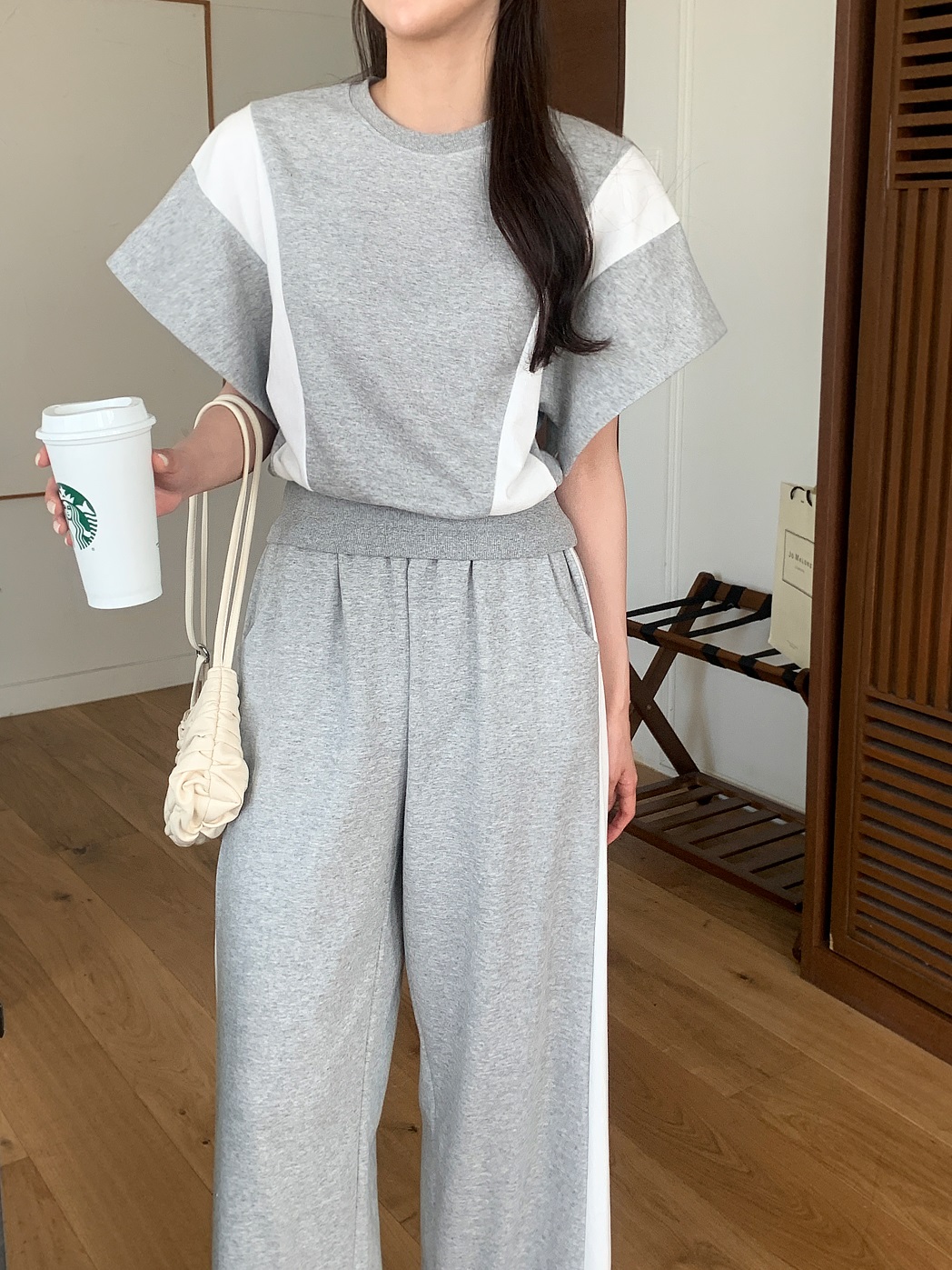 ウエストゴムロング半袖配色セットアップパンツTシャツ | 詳細画像13