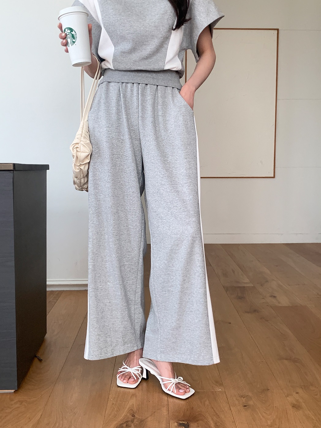 ウエストゴムロング半袖配色セットアップパンツTシャツ | 詳細画像15