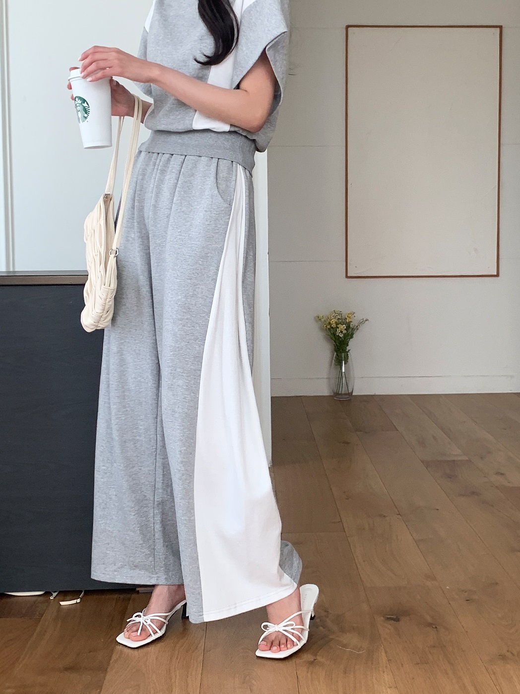 ウエストゴムロング半袖配色セットアップパンツTシャツ | 詳細画像16