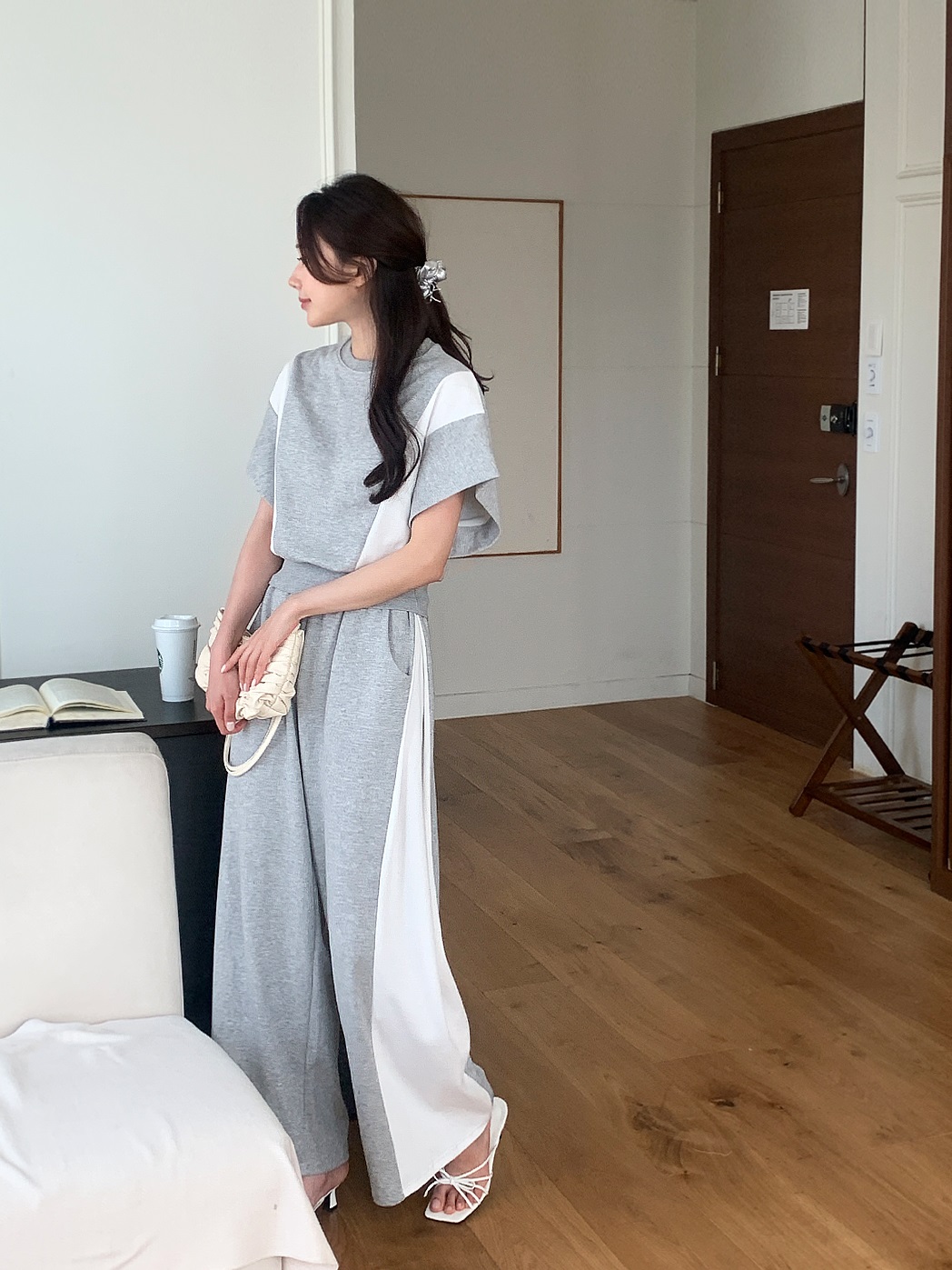 ウエストゴムロング半袖配色セットアップパンツTシャツ | 詳細画像10