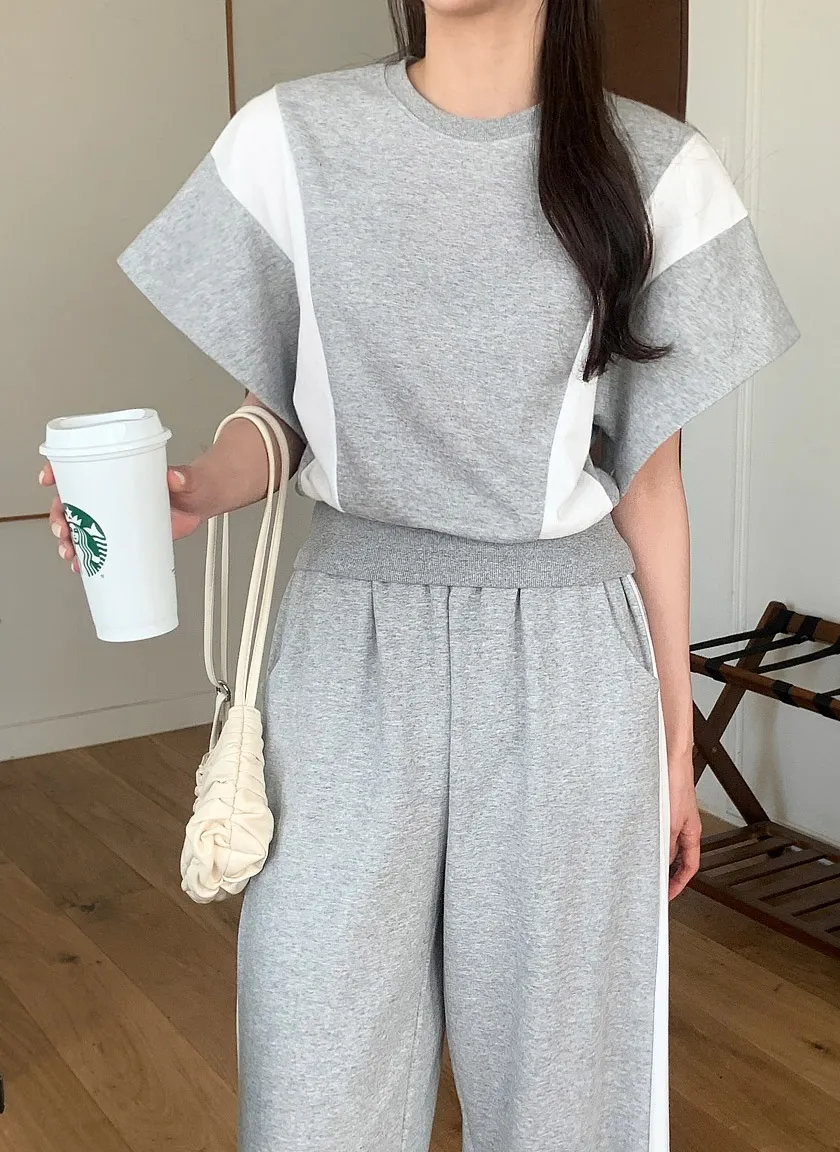 ウエストゴムロング半袖配色セットアップパンツTシャツ | 詳細画像1