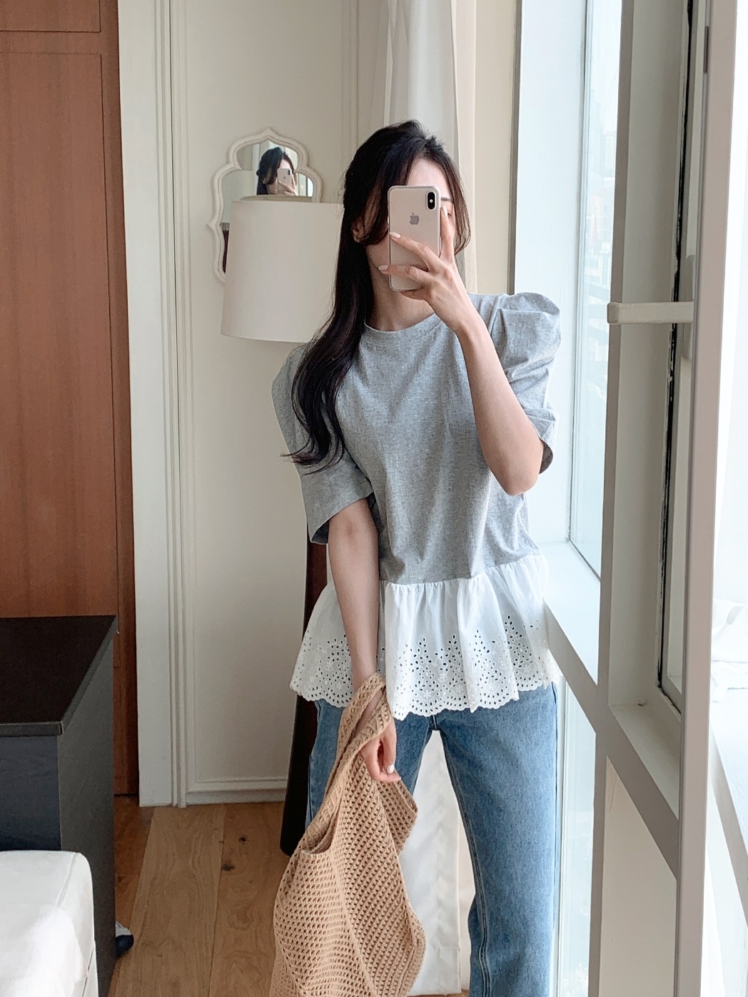 パフスリーブ半袖レース配色Tシャツ | 詳細画像3