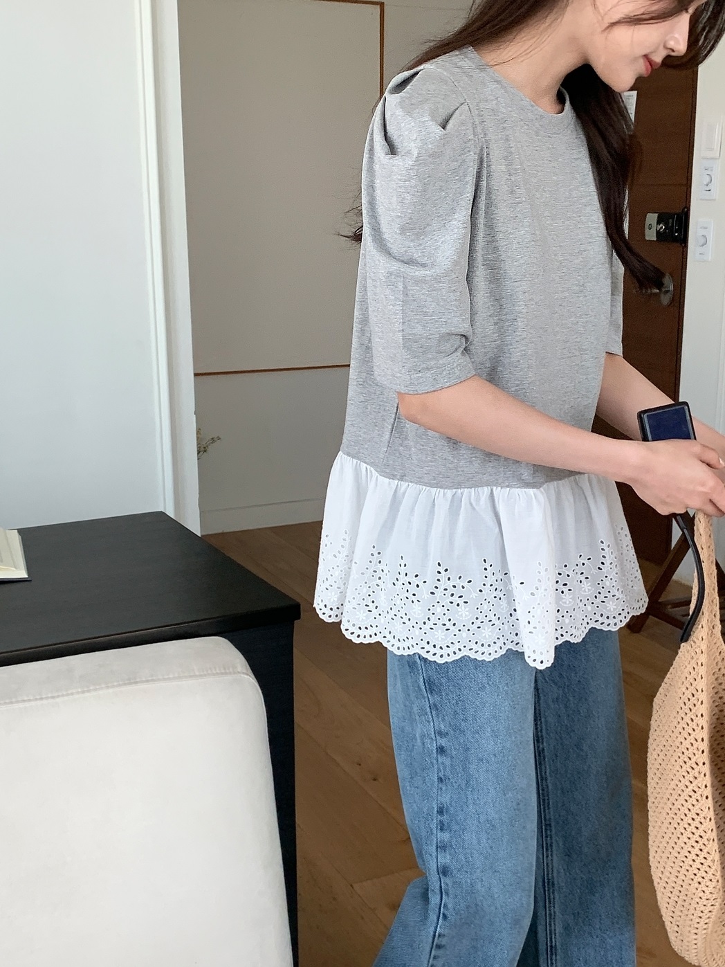 パフスリーブ半袖レース配色Tシャツ | 詳細画像12