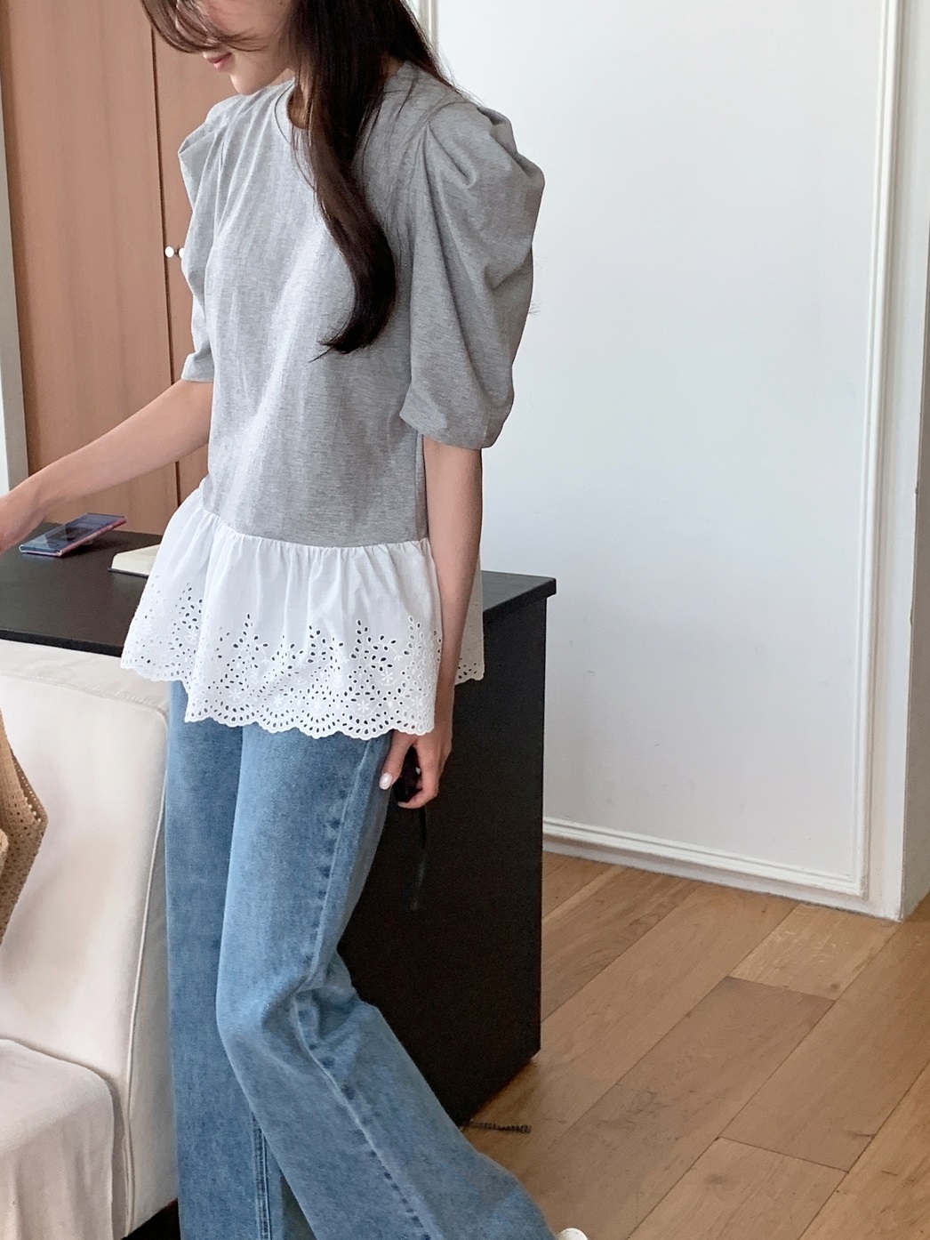 パフスリーブ半袖レース配色Tシャツ | 詳細画像13