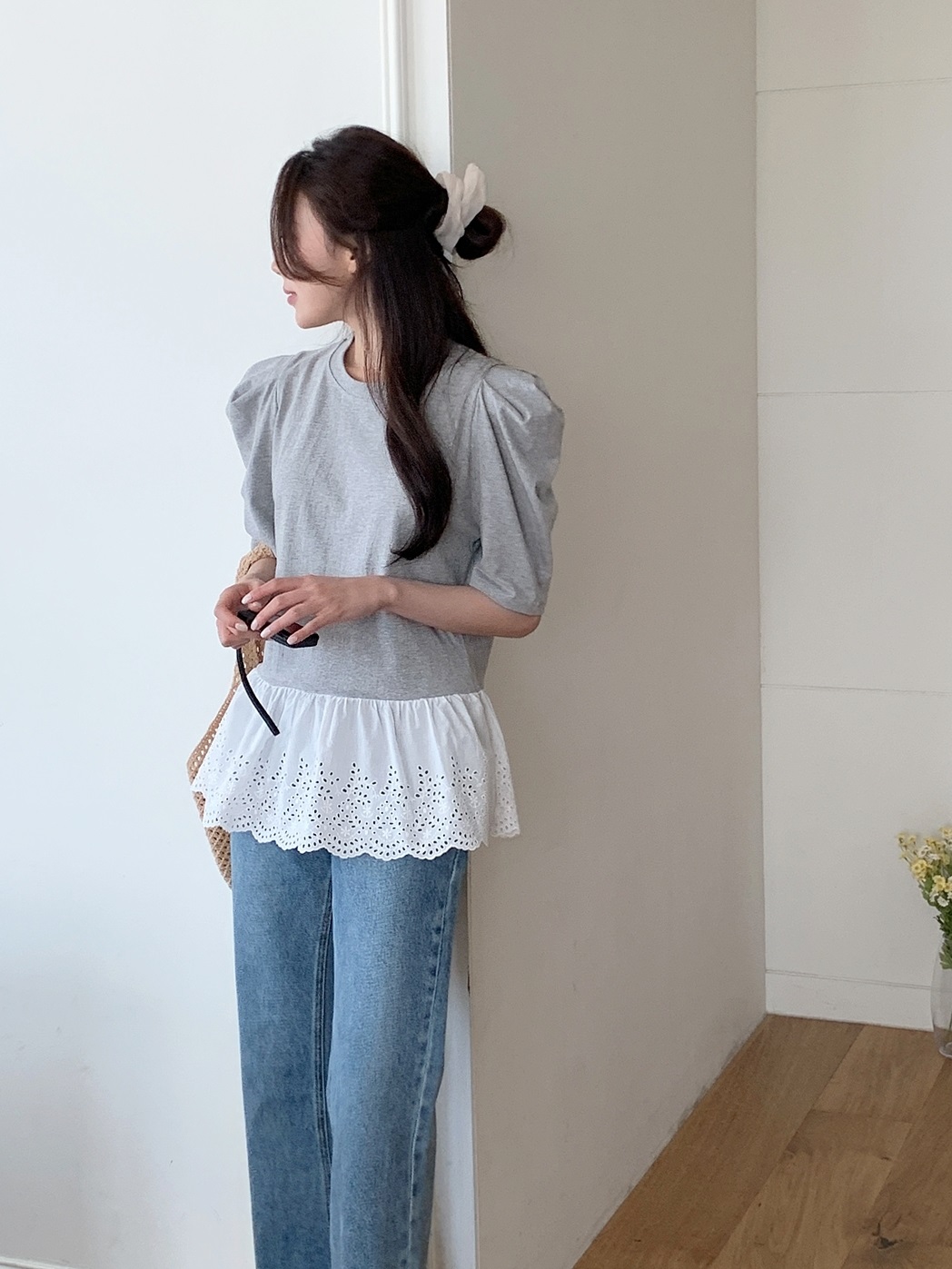 パフスリーブ半袖レース配色Tシャツ | 詳細画像15
