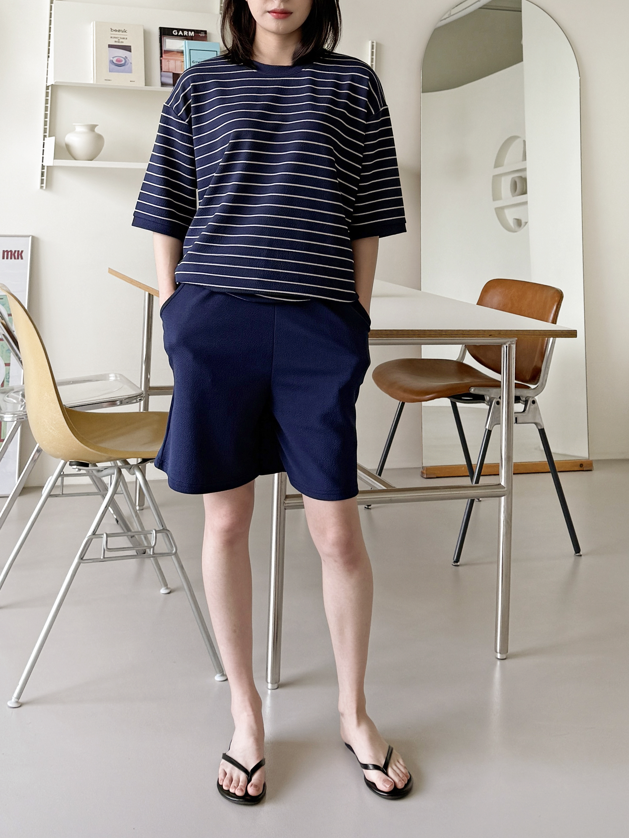 ラウンドネックウエストゴム半袖ボーダーセットアップTシャツショートパンツ | 詳細画像4