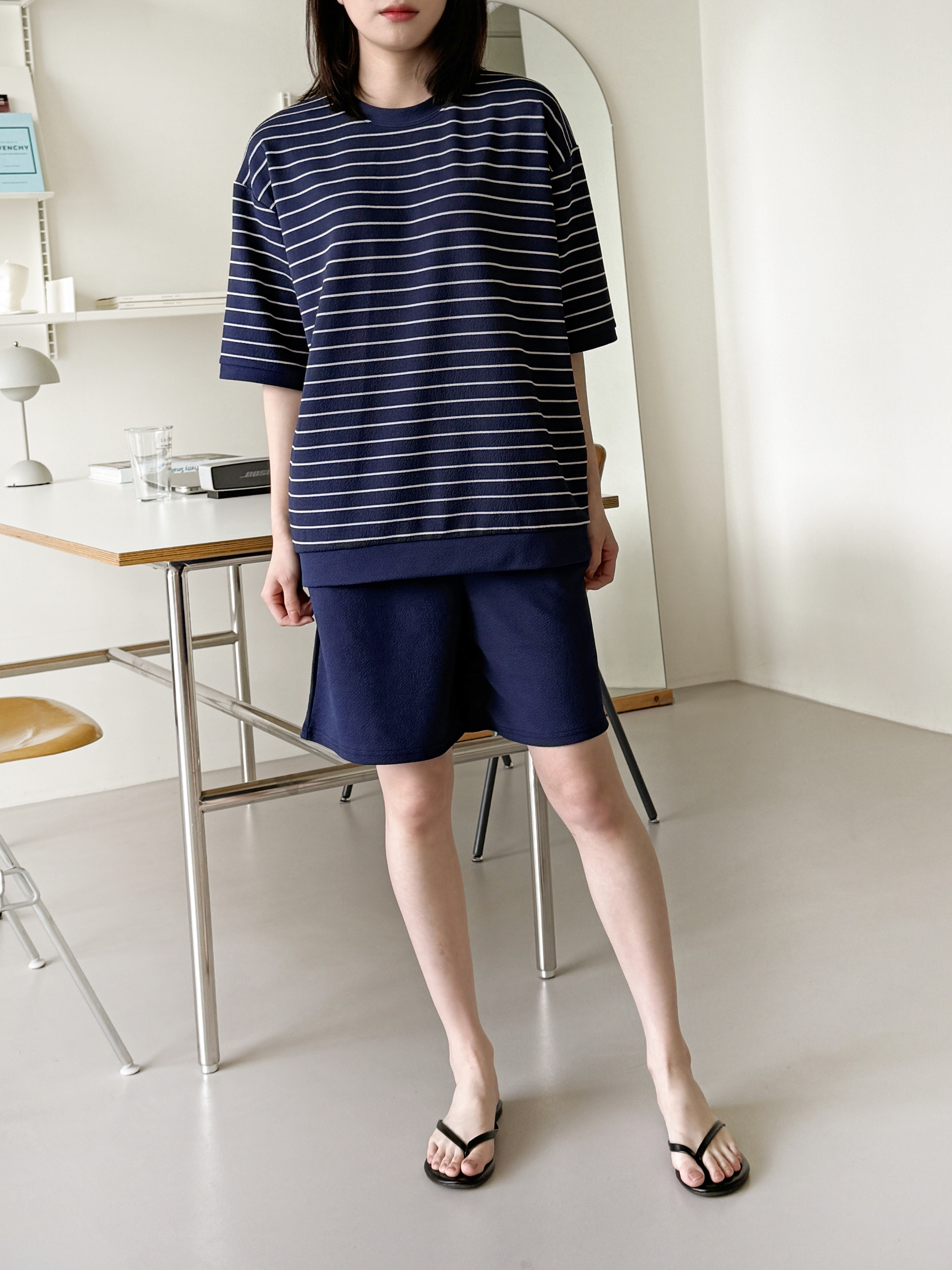 ラウンドネックウエストゴム半袖ボーダーセットアップTシャツショートパンツ | 詳細画像5