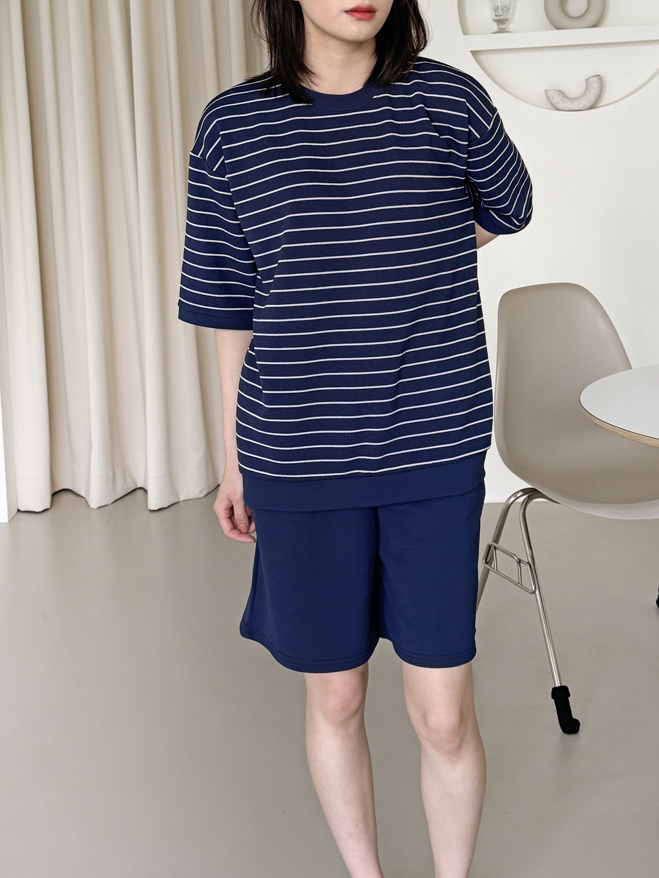 ラウンドネックウエストゴム半袖ボーダーセットアップTシャツショートパンツ | 詳細画像8
