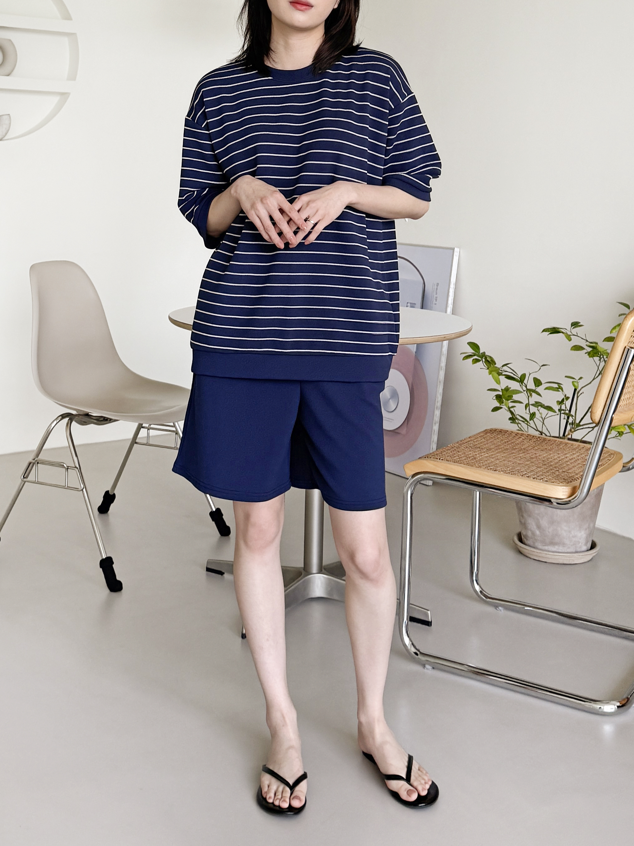 ラウンドネックウエストゴム半袖ボーダーセットアップTシャツショートパンツ | 詳細画像9
