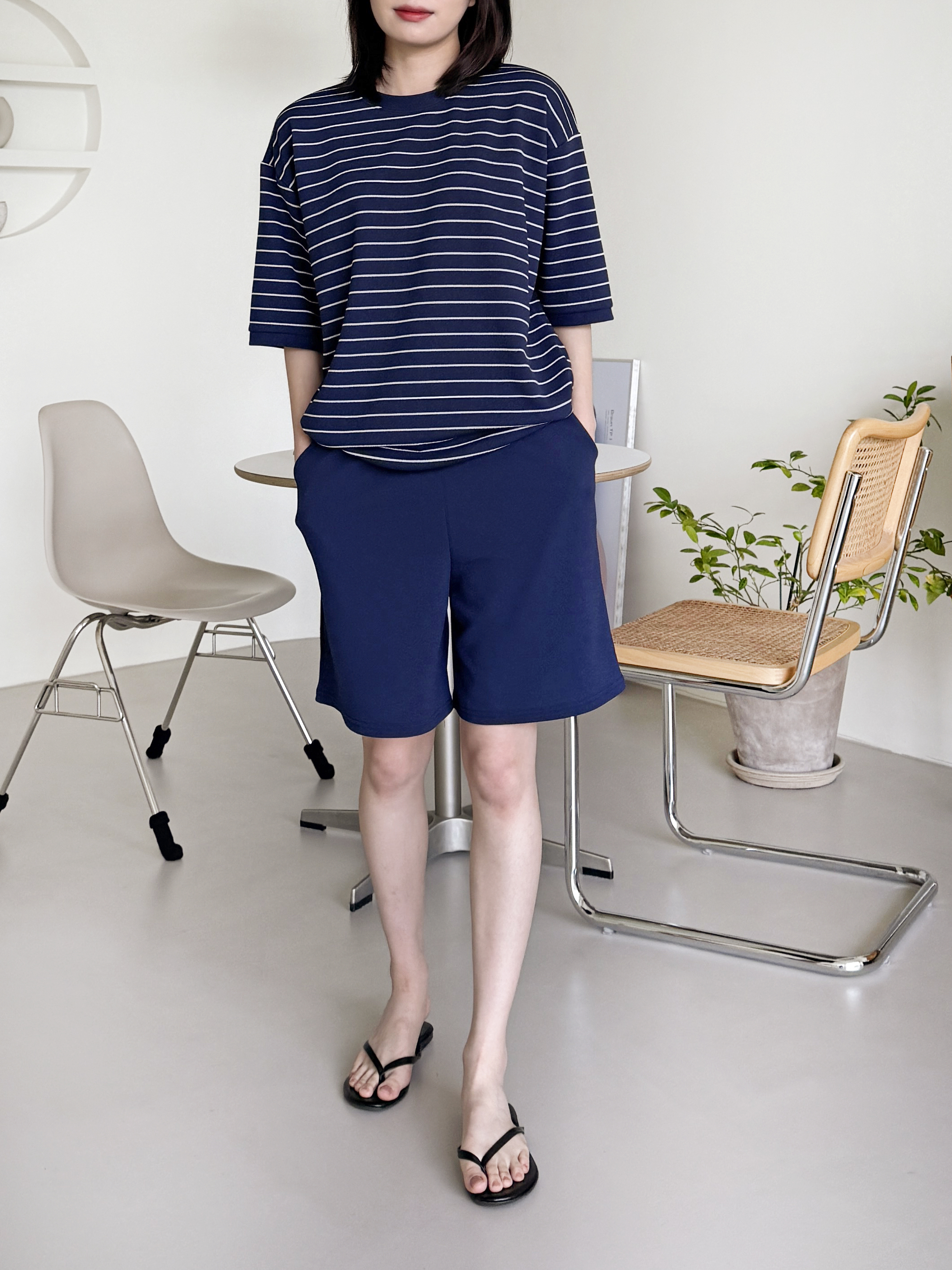 ラウンドネックウエストゴム半袖ボーダーセットアップTシャツショートパンツ | 詳細画像10