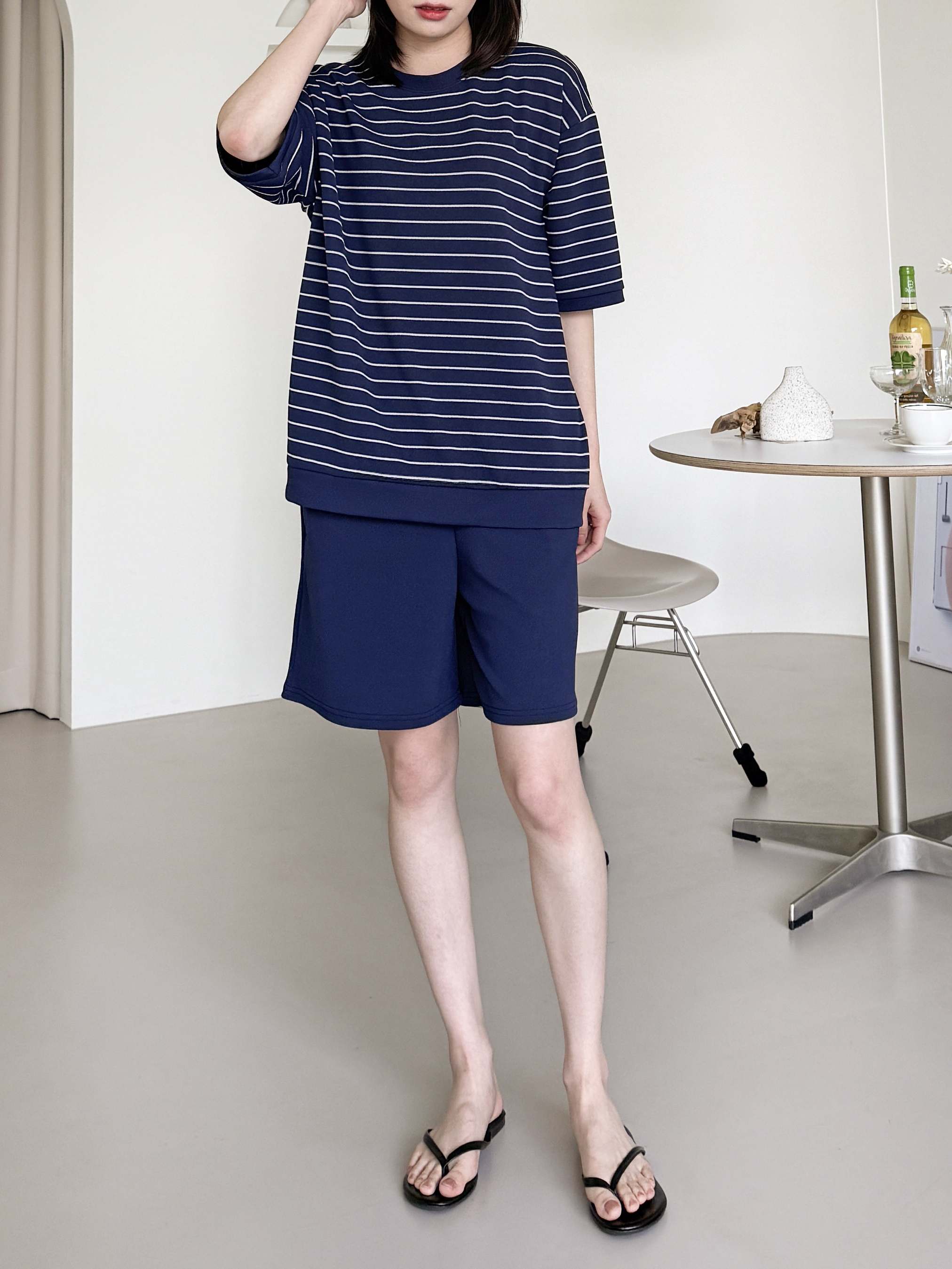 ラウンドネックウエストゴム半袖ボーダーセットアップTシャツショートパンツ | 詳細画像11