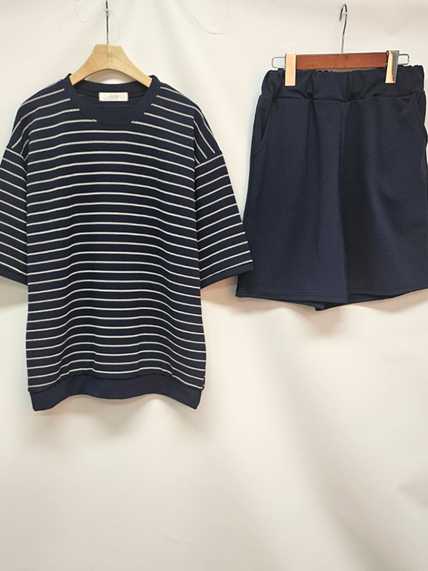ラウンドネックウエストゴム半袖ボーダーセットアップTシャツショートパンツ | 詳細画像13