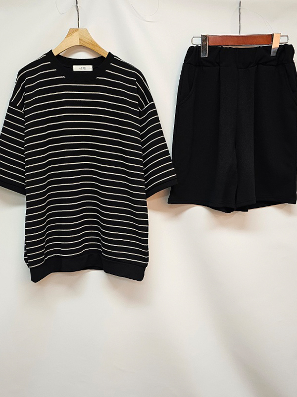 ラウンドネックウエストゴム半袖ボーダーセットアップTシャツショートパンツ | 詳細画像14