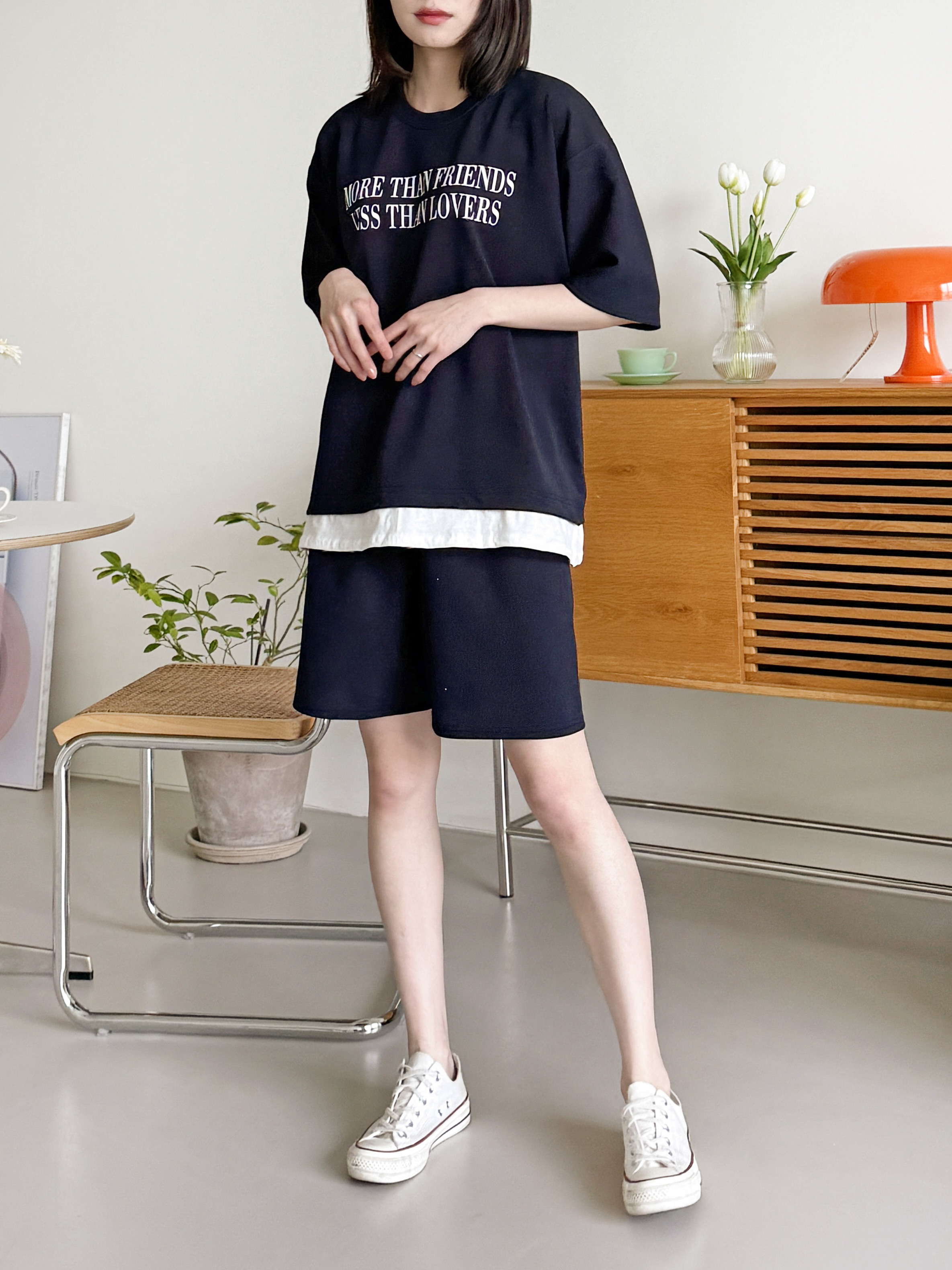ラウンドネックウエストゴム半袖レタリングセットアップTシャツショートパンツ | 詳細画像4