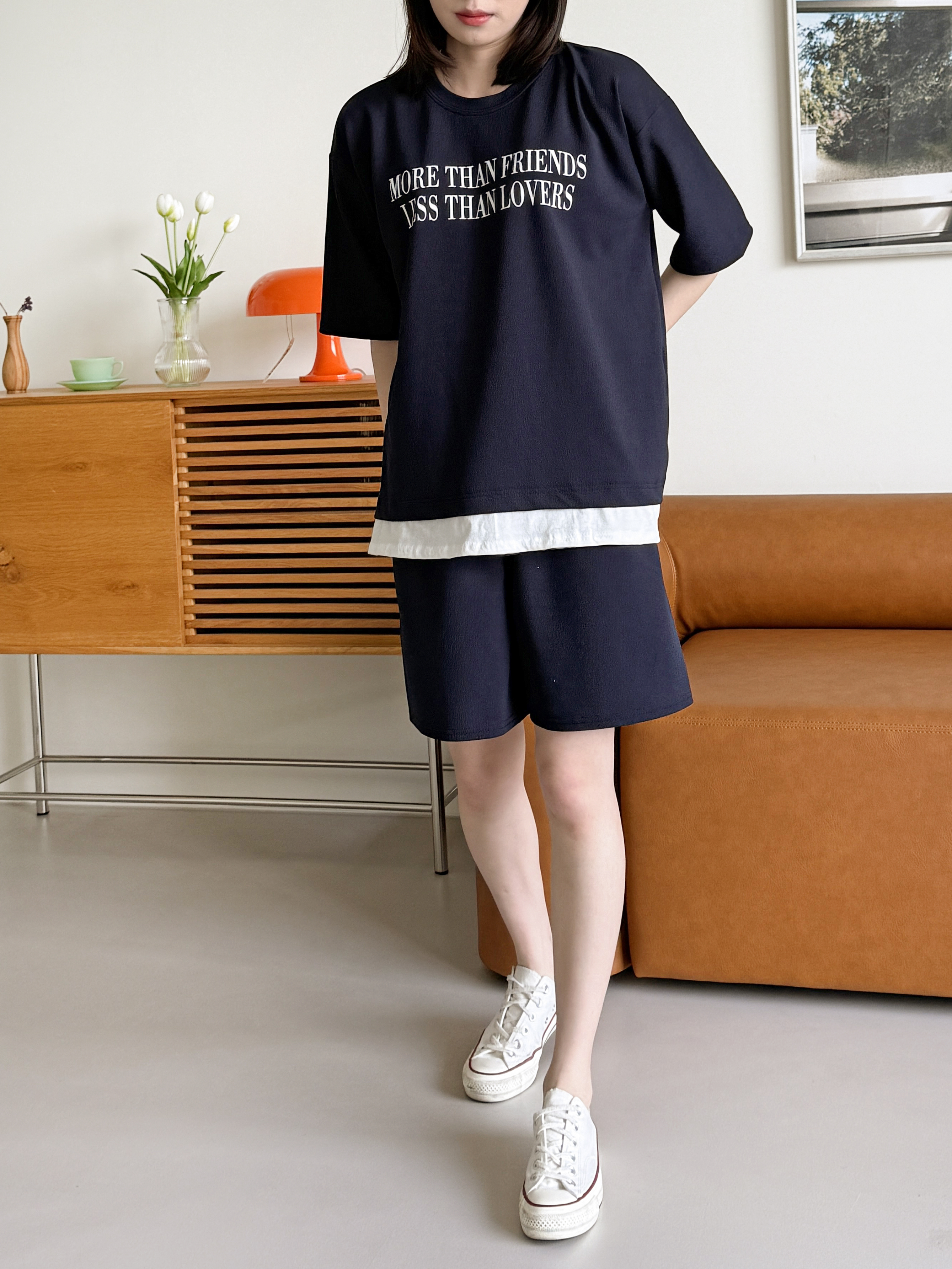ラウンドネックウエストゴム半袖レタリングセットアップTシャツショートパンツ | 詳細画像6