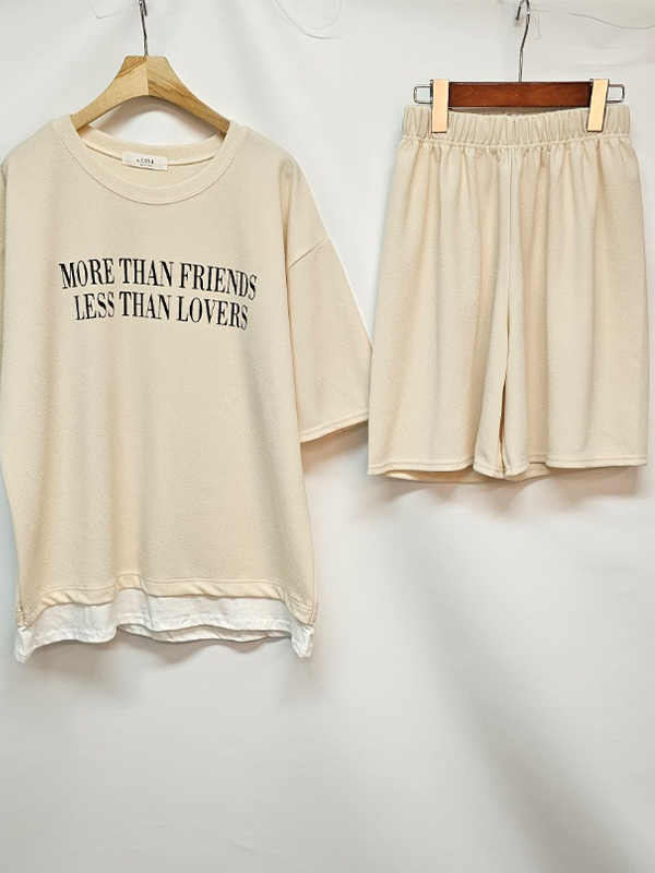 ラウンドネックウエストゴム半袖レタリングセットアップTシャツショートパンツ | 詳細画像11