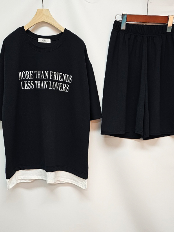 ラウンドネックウエストゴム半袖レタリングセットアップTシャツショートパンツ | 詳細画像12