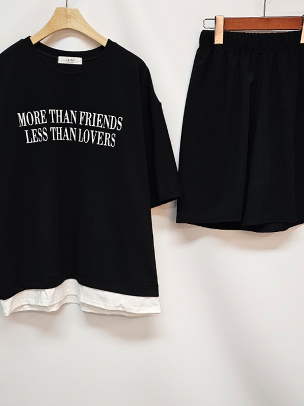 ラウンドネックウエストゴム半袖レタリングセットアップTシャツショートパンツ | 詳細画像13