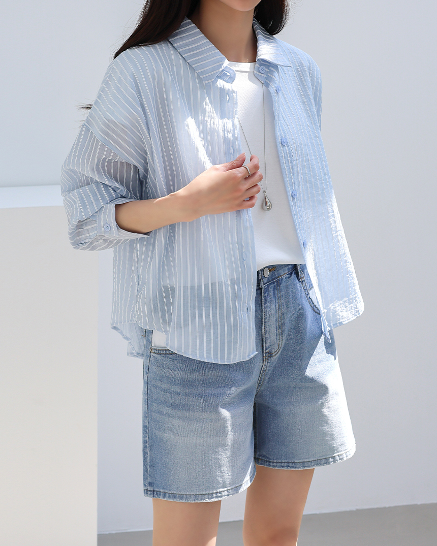 新品未使用　beauty&youth シースルー ストライプ 半袖シャツ セール】クイック ストレッチ ストライプ レギュラー 半袖シャツ