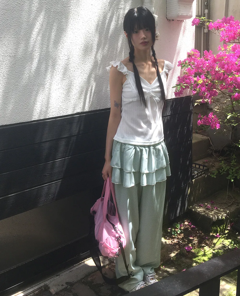 ワイドウエストゴムティアードロングレイヤード風ギンガムチェックパンツ | WONDERWONDER | 詳細画像1