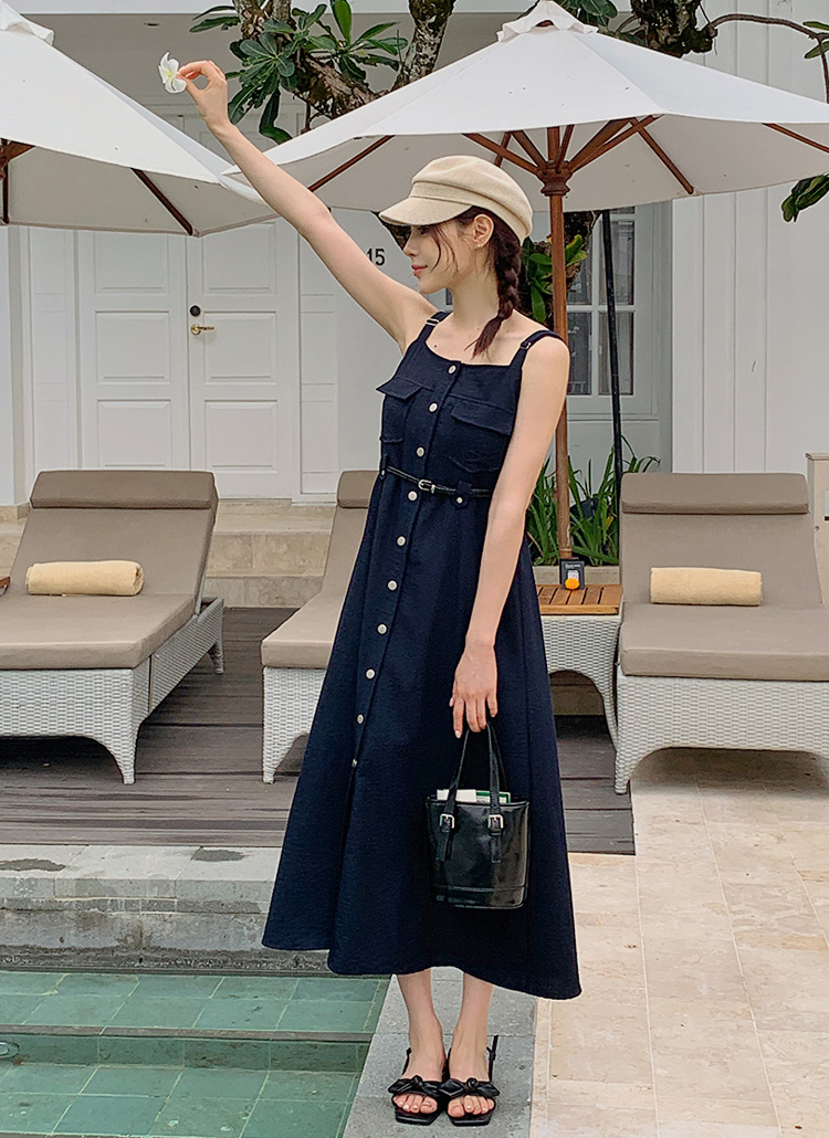 CABaN キャミワンピース ネイビー　ドローストリング調整付き ベルト付ドローストリングボタンロングキャミワンピース | レディース