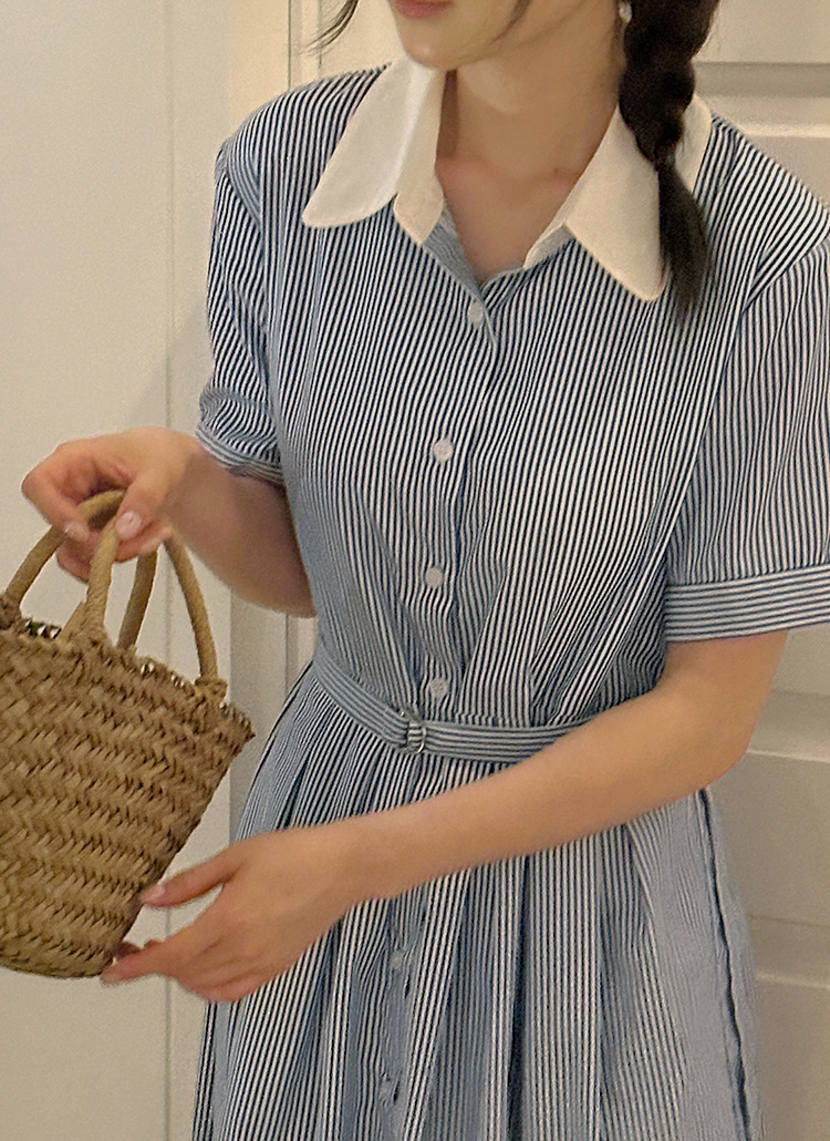 ストラップ付カラー半袖ロングストライプワンピース | レディース