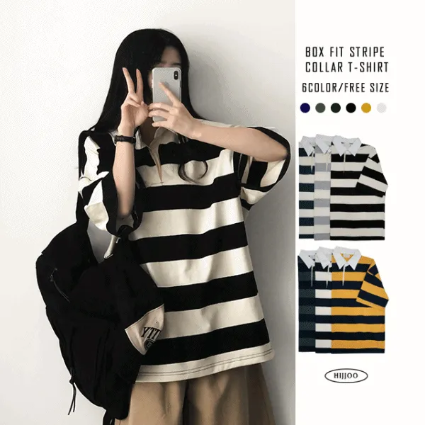 半袖カラー配色ボーダーポロカラーTシャツ | hijjoo | 詳細画像1