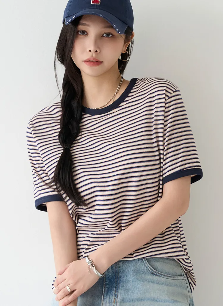 ラウンドネックボーダー配色Tシャツ | pippin | 詳細画像1