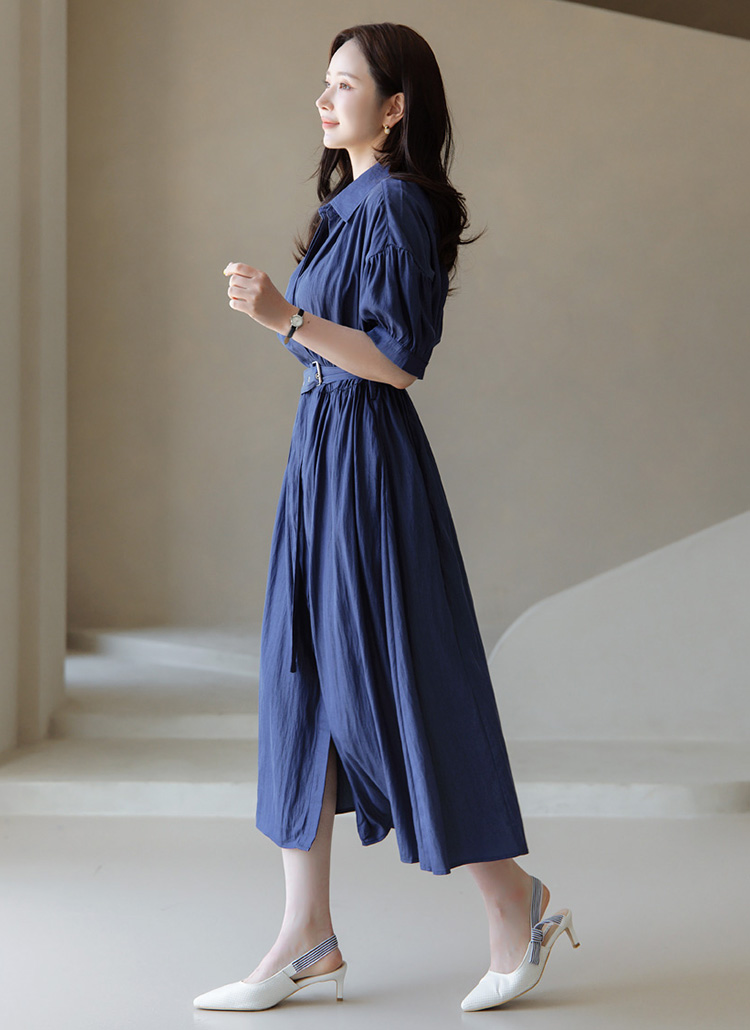 ベルト付フレアロング半袖ワンピース | レディースファッション通販