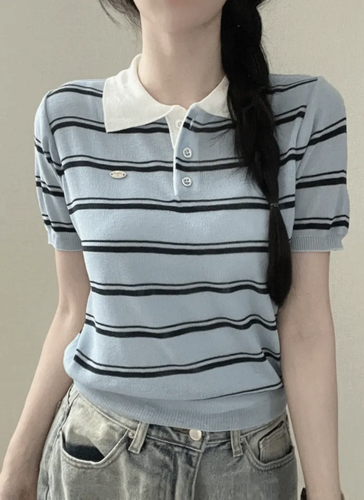 ニットスリムワッペンカラー半袖配色Tシャツ | NEEDON | 詳細画像1