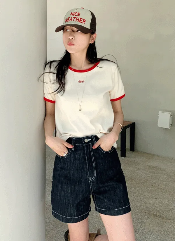 半袖ラウンドネック配色Tシャツ | 66girls | 詳細画像1