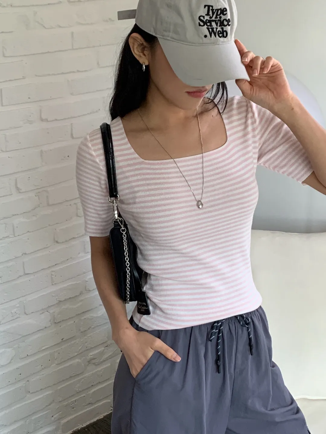 ニットスクエアネックスリム半袖ボーダーTシャツ | 詳細画像1